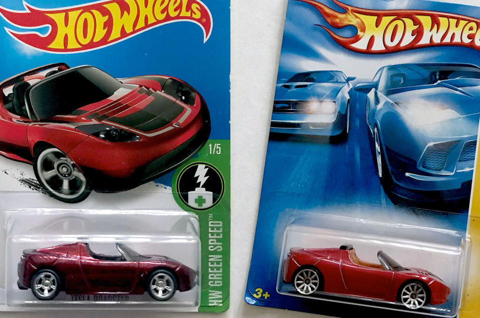 Mattel offered three red Hot Wheels Tesla Roadsters, including a "mainline" 2008 model, at right, and a 2016 Super Secret Treasure Hunt model with a metallic finish that was closer in color to the car that was launched into space in 2018. <cite>collectSPACE.com</cite>