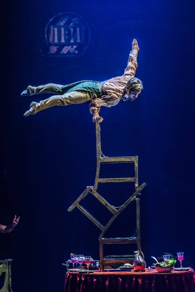 A chair balancing gymnastics act in Kurios: Cabinet of Curiosities, a Cirque du Soleil show. (Photo: Martin Girard)