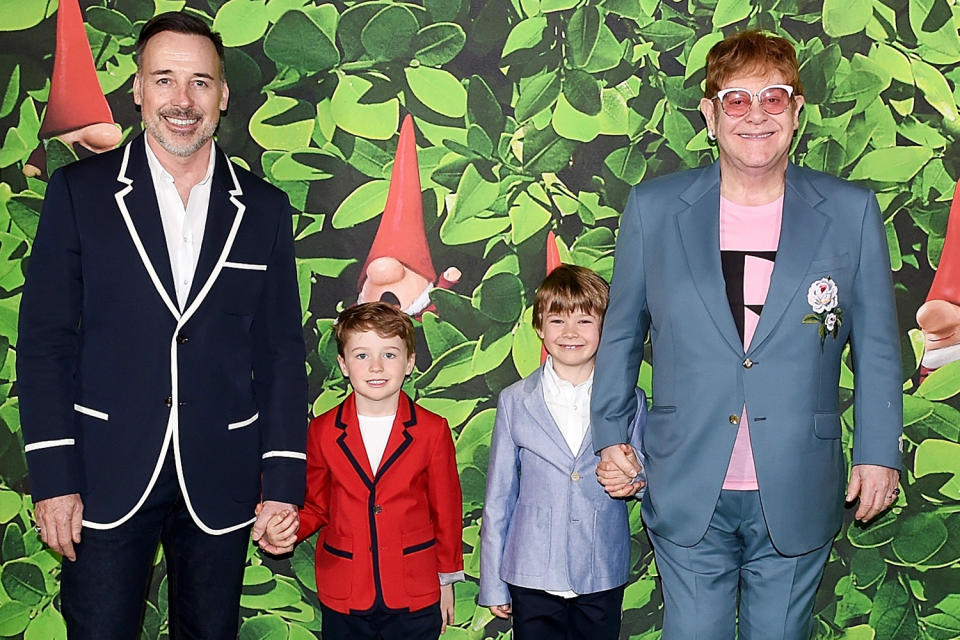 Elton John With His Family at a Sherlock Gnomes Screening