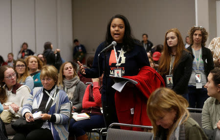 Elizabeth Dobbins asks a question, at a 'Confronting Anti-Semitism and White Supremacy' panel discussion, during the three-day Women's Convention at Cobo Center in Detroit, Michigan, U.S., October 28, 2017. REUTERS/Rebecca Cook