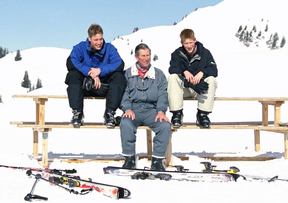 Prince William, Prince Charles, and Prince Harry on a skiing trip in Klosters, Switzzerland, in 2000.