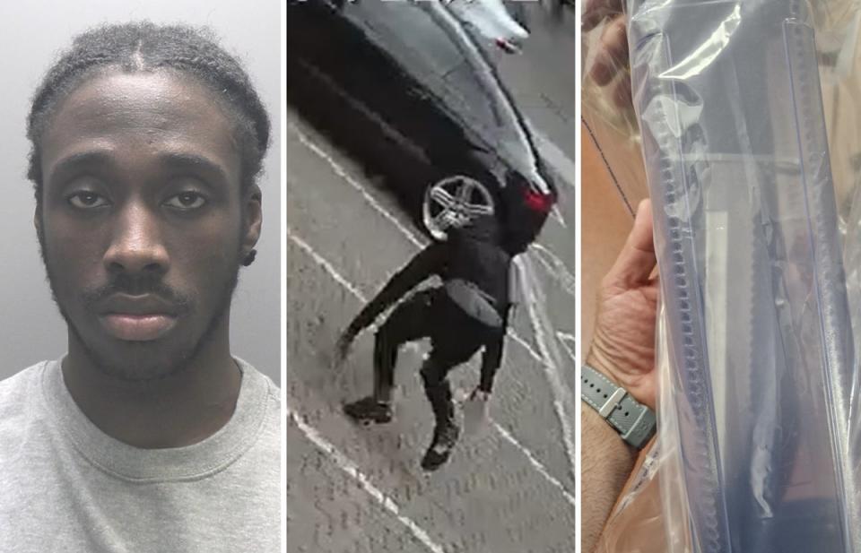 Shakai Parchment, and tripping during foot chase before police find Rambo knife (City of London Police)