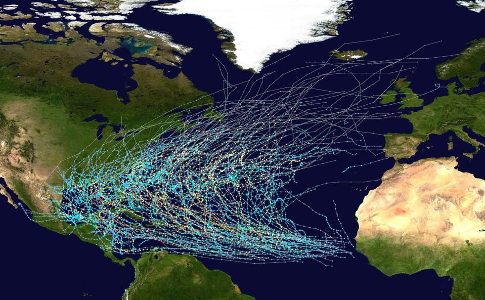 Storm tracks show the curved track from Africa into the Gulf of Mexico and out to the ocean.