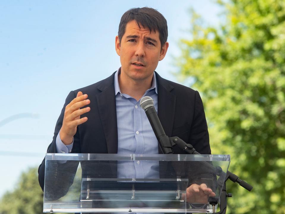 U.S. Congressman Josh Harder speaks at the E-Carshare preview event at Conway Homes in south Stockton on Thursday, August, 25, 2022. 