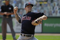 Cleveland Indians starting pitcher Zach Plesac throws against the Chicago White Sox during the first inning of a baseball game in Chicago, Saturday, Aug. 8, 2020. (AP Photo/Nam Y. Huh)