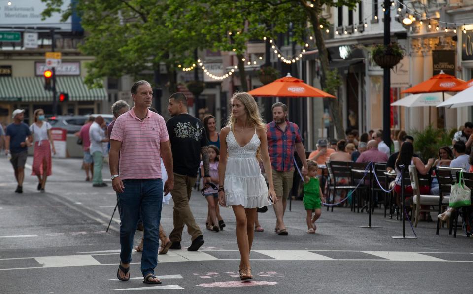 Diners stroll along Broadwalk in Red Bank in 2020.