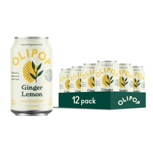 OLIPOP - Ginger Lemon Sparkling Tonic, Healthy Soda, Prebiotic Soft Drink, Aids Digestive Health, Contains Prebiotics & 9g of Plant Fiber, Caffeine Free, Low Calorie, Low Sugar (12 oz, 12-Pack)