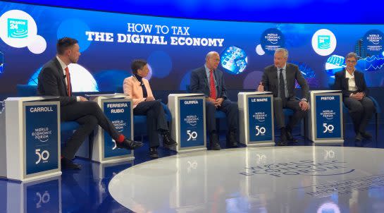 <small>French finance minister Bruno Le Maire and others discuss how to tax Big Tech. (Credit: Leigh Cuen for CoinDesk)</small>