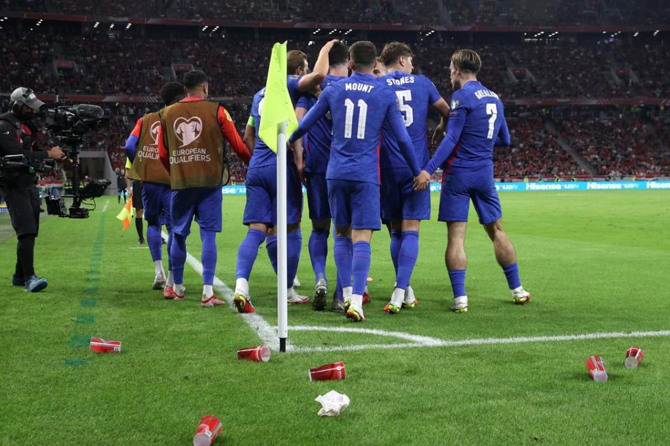 England’s players were also pelted by cups and debris on an ugly night in Budapest  (The FA via Getty Images)