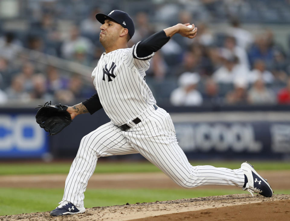 New York Yankees relief pitcher Nestor Cortes Jr. throws during the fourth inning of the team's baseball game against the Toronto Blue Jays, Tuesday, June 25, 2019, in New York. (AP Photo/Kathy Willens)