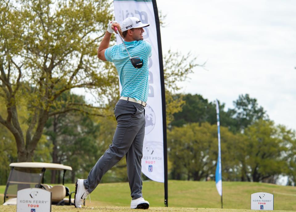 Taylor Montgomery is pictured on the tee during the Louisiana open at Le Triomphe in March 2021.