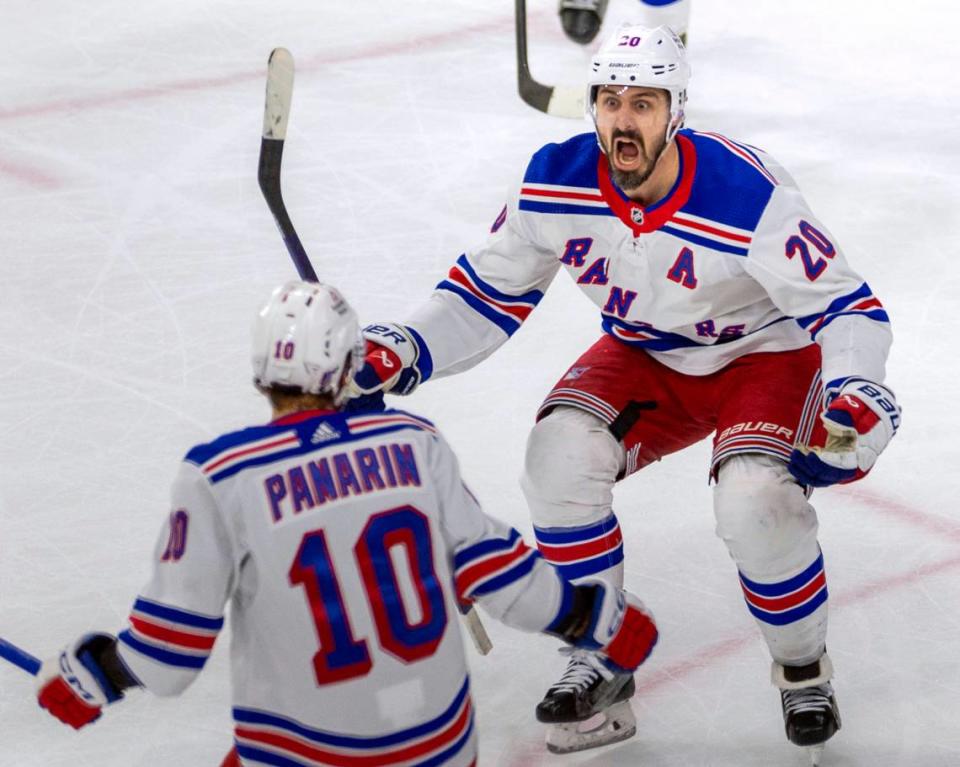 New York Rangers left wing Chris Kreider (20) celebrates after scoring to tie the game 3-3 in the third period against the Carolina Hurricanes during Game 6 in the second round of the 2024 Stanley Cup playoffs on Thursday, May 16, 2024 at PNC Arena in Raleigh N.C. Kreider scored three goals in the third period leading the Rangers to a 5-3 victory and clinching the series against the Hurricanes.