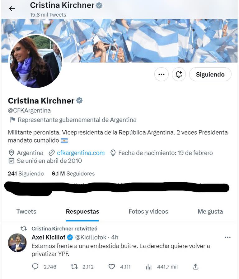 Cristina Kirchner compartió un posteo de Axel Kicillof sobre el fallo adverso por la estatización de YPF.