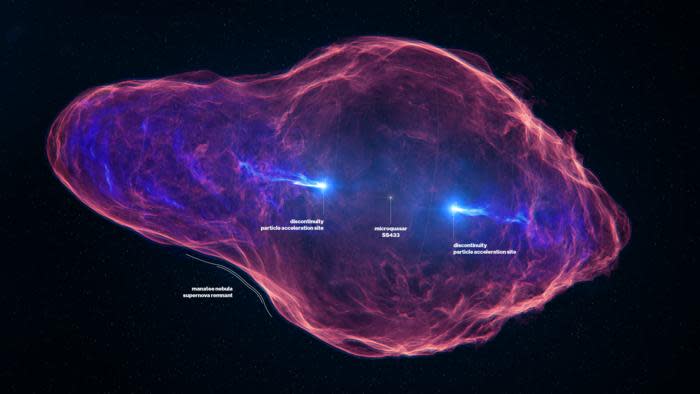 An illustration of the SS 433 mircoquasar with blue material jets passing through the Manatee Nebula