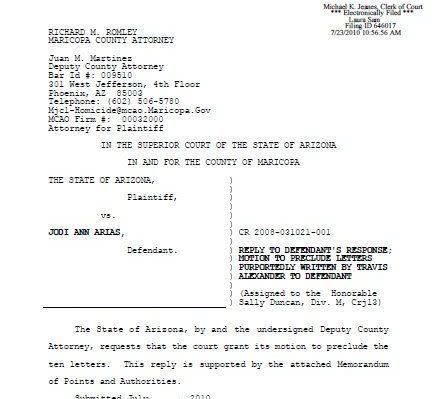 <strong>August 8, 2011</strong> - Arias told Judge Sherry Stephens of Maricopa County Superior Court that she wanted to represent herself. Stephens granted the request but had Arias' public defenders, Victoria Washington and Kirk Nurmi, remain on as advisory counsel.  <strong>August 16, 2011</strong> – A request to admit letters that Arias claimed Alexander sent her prior to his death was denied. In the letters, Alexander allegedly admitted to being a pedophile. Prosecutor Juan Martinez told the court that the letters were tested and found to be forgeries. After the ruling, Arias told Judge Stephens that she was "over her head." The judge then reinstated her defense counsel.