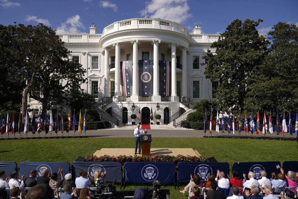 President Joe Biden speaks about the Inflation Reduction Act of 2022 during a ceremony on the South Lawn of the White House in Washington, Tuesday, Sept. 13, 2022. (AP Photo/Andrew Harnik)