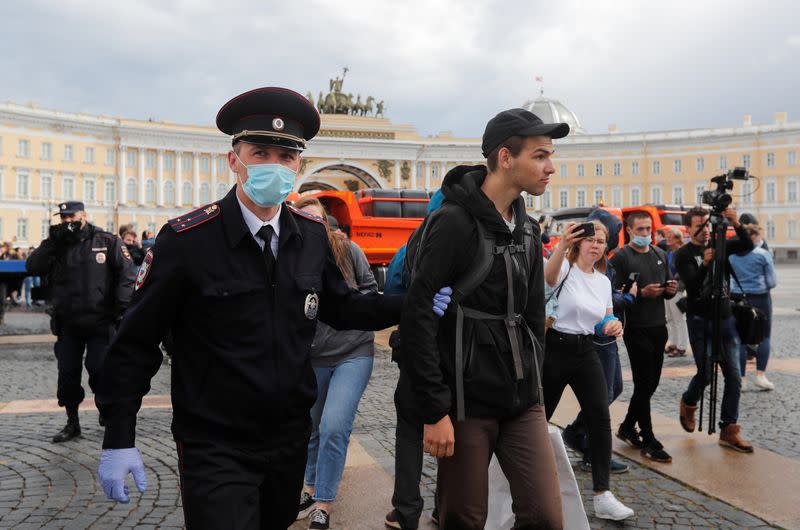 Opposition supporters hold a protest against amendments to Russia's Constitution in Saint Petersburg