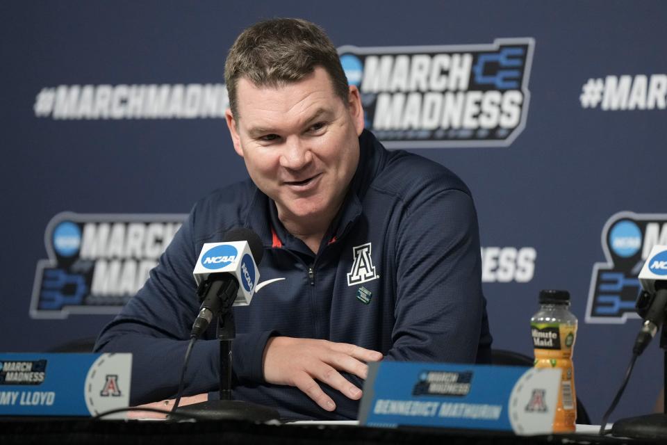 Arizona Wildcats head coach Tommy Lloyd addresses the media in a press conference after the game during the first round of the 2022 NCAA Tournament at Viejas Arena.