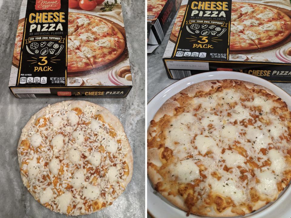 side by side photos of uncooked and cooked aldi cheese pizza