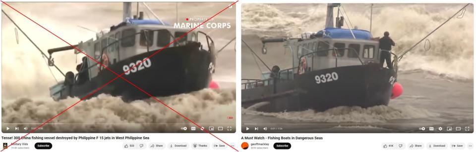 <span>Screenshot comparison of sailing boat from false report (left) with YouTube video of vessel published in 2011 (right) </span>