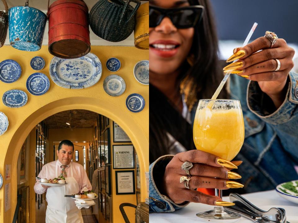 Two photos side by side, of a food runner taking food through an archway, left, and a woman handling a mixed drink