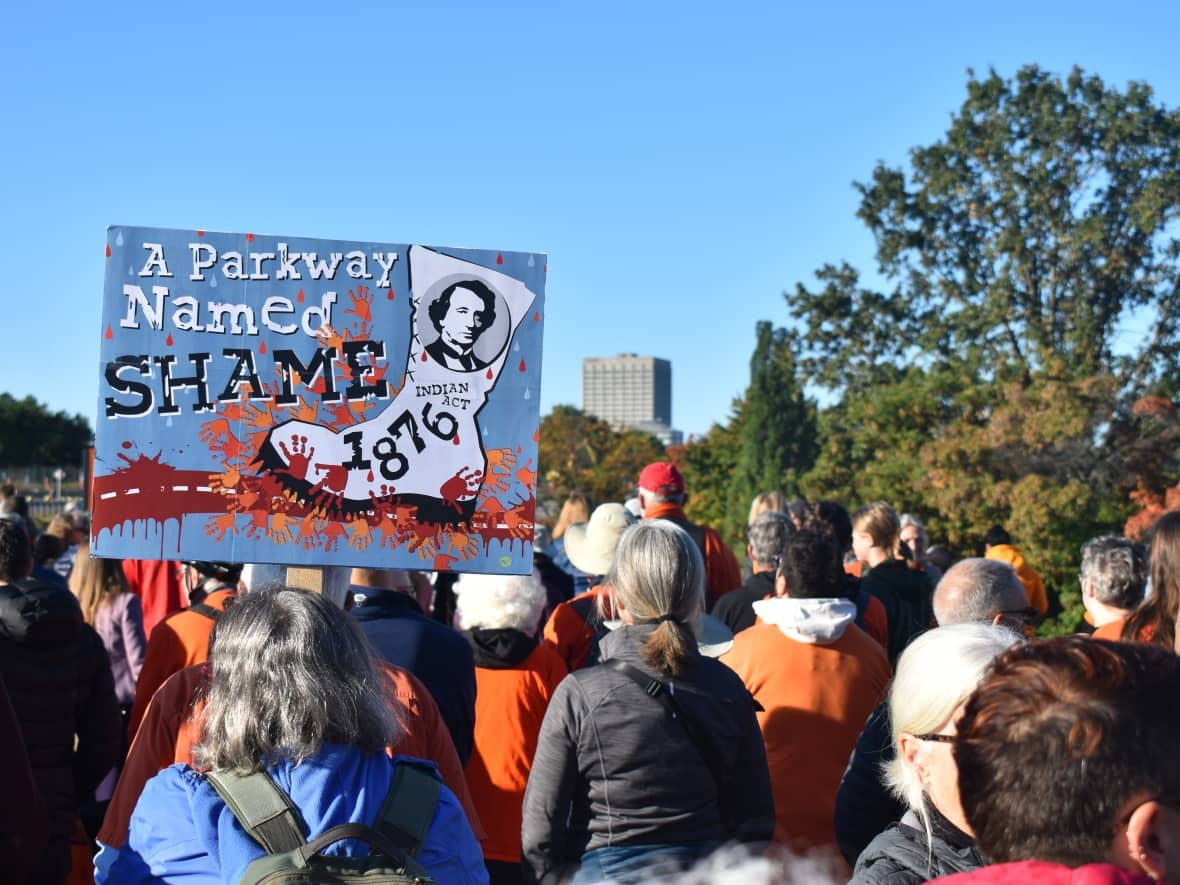 Protesters marked Canada's National Day for Truth and Reconciliation on Friday by once again calling on the National Capital Commission to rename the Sir John A. Macdonald Parkway. (Ben Andrews/CBC News - image credit)