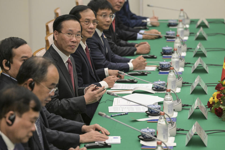 Vietnam's President Vo Van Thuong, fourth left, attends a bilateral meeting with Japan's Prime Minister Fumio Kishida at the prime minister's official residence in Tokyo, Japan, Monday, Nov. 27, 2023. (Richard A. Brooks/Pool Photo via AP)