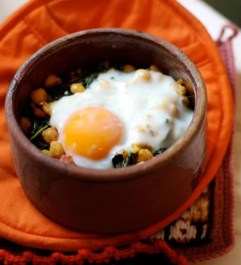 Kale, Chickpeas, and Sausage with Oven-Baked Egg