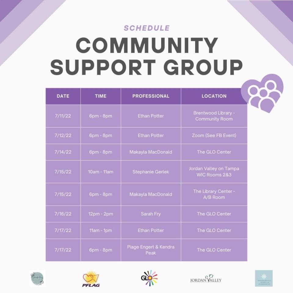 The GLO Center has partnered with area organizations to set up community support group sessions starting Monday, July 11, 2022.