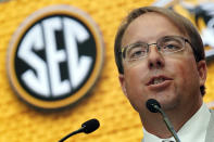 Missouri head coach Eliah Drinkwitz speaks during an NCAA college football news conference at the Southeastern Conference Media Days, Monday, July 18, 2022, in Atlanta. (AP Photo/John Bazemore)