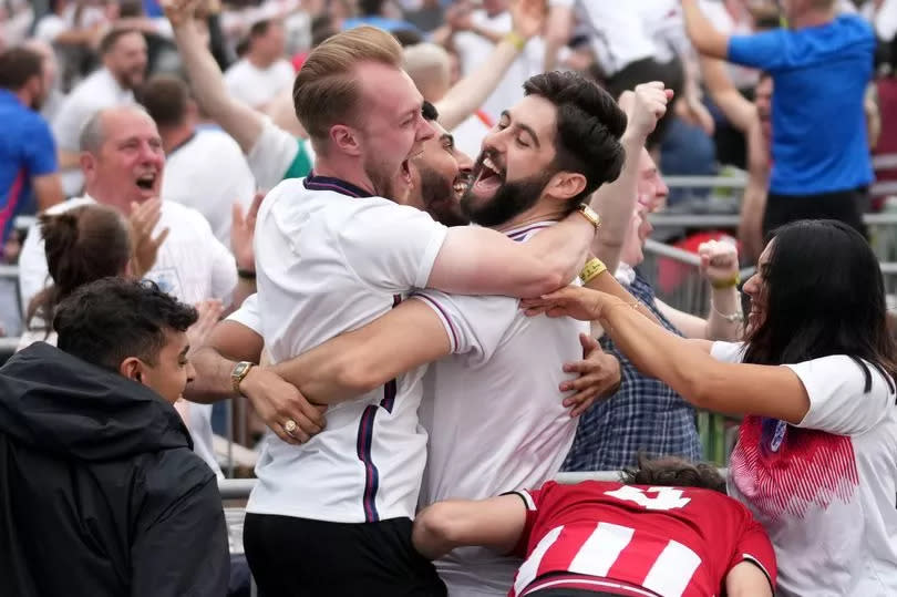 England fans react England's first goal during the UEFA Euro 2020 Championship Final between Italy and England, at the 4TheFans fan zone at Event City on July 11, 2021