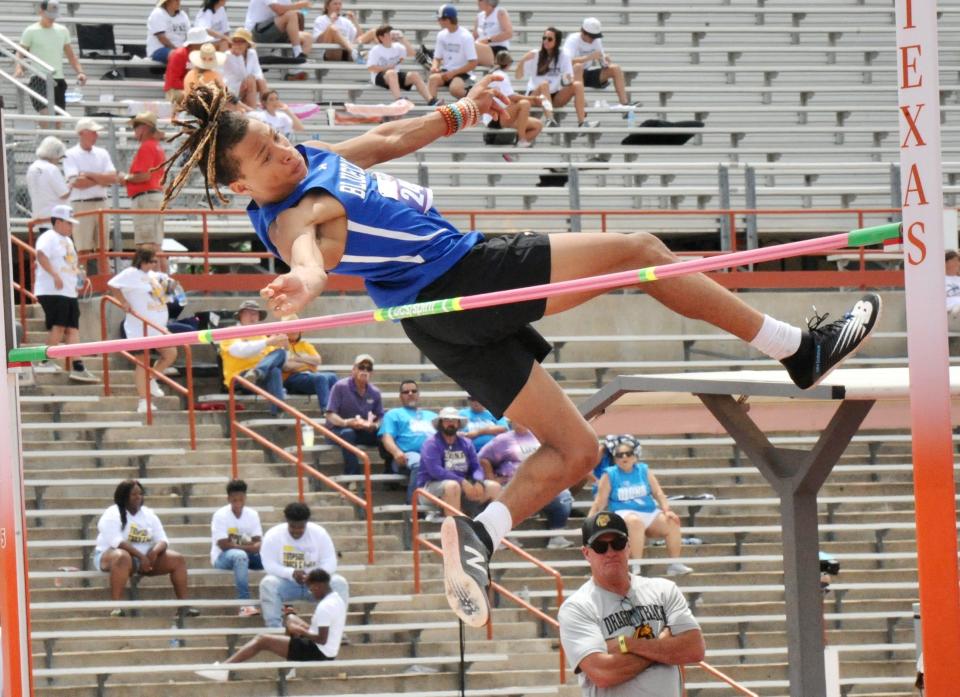 Coleman's Devinar Roberson competes in the high jump at the state track and field meet in Austin.