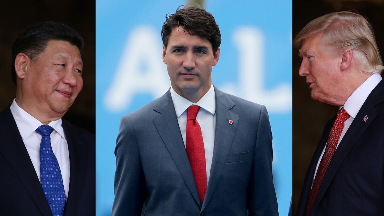 A photo illustration showing China’s President Xi, Canada’s Prime Minister Trudeau and U.S. President Trump (Yahoo Finance)