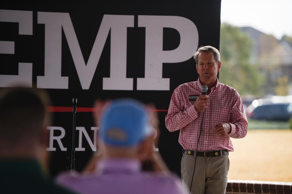 Georgia Governor Brian Kemp addresses the crowd at a campaign stop in Evans Towne Center Park on Saturday, Nov. 5, 2022. Kemp met with voters and encouraged people to turn out to the polls next week. 