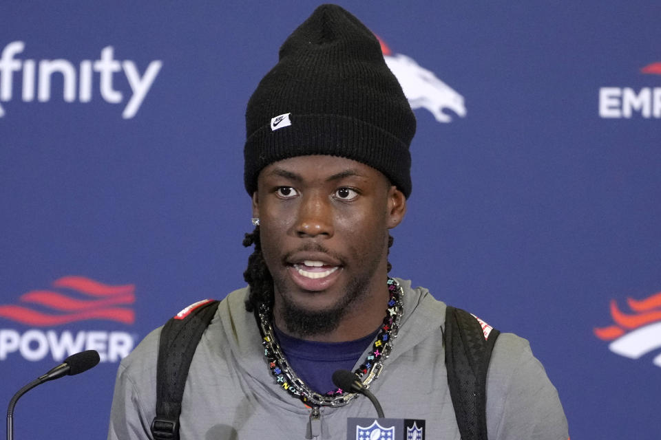 Denver Broncos wide receiver Jerry Jeudy (10) speaks during a press conference after the NFL football game between Denver Broncos and Jacksonville Jaguars at Wembley Stadium London, Sunday, Oct. 30, 2022. Denver Broncos won by 21-17. (AP Photo/Kirsty Wigglesworth)