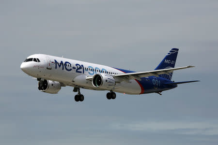 A view shows an An MC-21 medium-range passenger plane, produced by Irkut Corporation, during a flight in Irkutsk, Russia, May 28, 2017. Courtesy of PR Department of Irkut Corporation/Handout via REUTERS