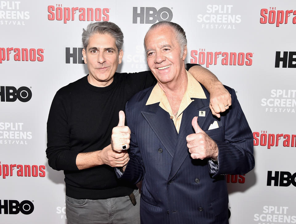 Michael Imperioli, left, and Tony Sirico at <em>The Sopranos</em> 20th anniversary panel Discussion at SVA Theater on Jan. 9. (Photo: Theo Wargo/Getty Images)