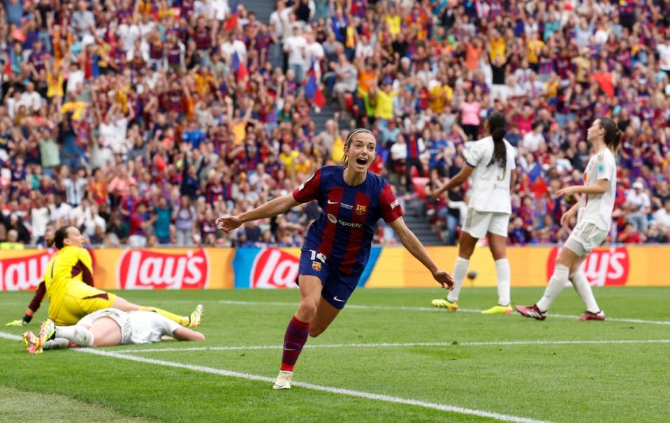 Aitani Bonmati celebrates after scoring for Barcelona (Reuters)