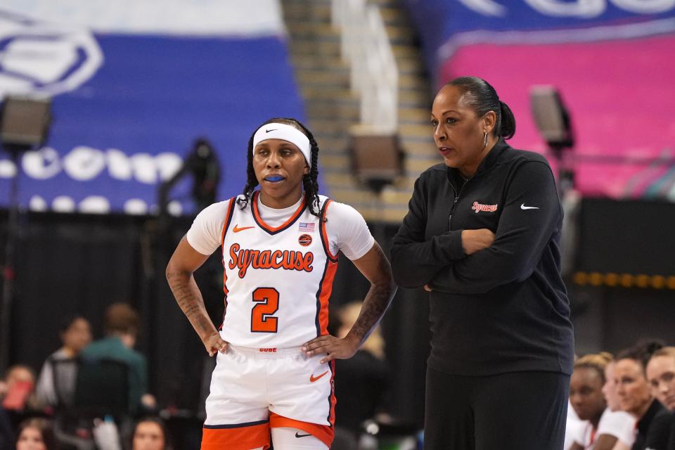 Syracuse Orange head coach Felisha Legette - Jack talks with Syracuse Orange guard Dyaisha Fair in the first half against the Florida State Seminoles.