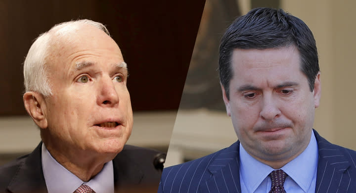 Sen. John McCain, R-Ariz., and House intelligence committee Chairman Rep. Devin Nunes, R-Calif. (Photos: Aaron P. Bernstein/Reuters, Pablo Martinez Monsivais/AP)