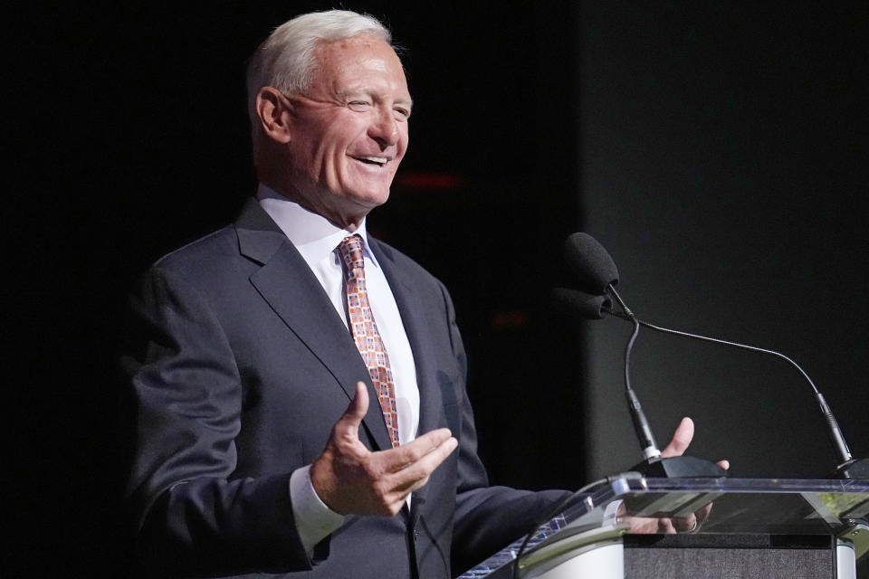 Jimmy Haslam, managing and principal partner of the Cleveland Browns, speaks at a tribute to the late NFL player Jim Brown Thursday, Aug. 3, 2023, in Canton, Ohio. (AP Photo/Sue Ogrocki)