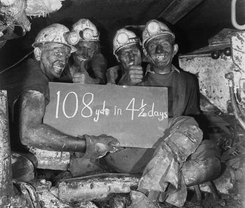 <span class="caption">Miners working at Bersham Colliery near Wrexham in Wales, 1960.</span> <span class="attribution"><span class="source">The National Archives UK/Flickr</span></span>