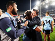 <p>NSW coach Laurie Daley celebrates the Blues’ first Origin win in eight years.</p>