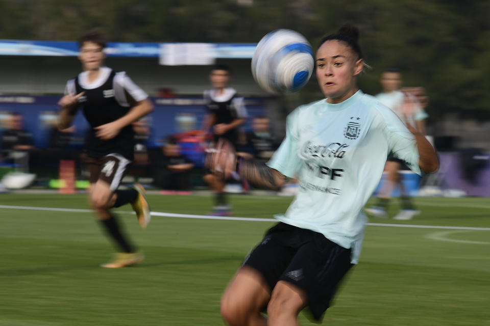 Argentina national women's soccer team player Marina Delgado controls the ball during a training session at the Argentina Football Association, in Buenos Aires, Argentina, Thursdays, June 16, 2022. Argentina will play the Copa America from July 8 to 30 in Colombia and will be part of Group B together with Brasil, Perú, Venezuela and Uruguay. (AP Photo/Gustavo Garello)