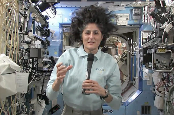 Expedition 33 commander Sunita "Suni" Williams takes part in an interview with collectSPACE.com from on board the International Space Station on Oct. 19, 2012.