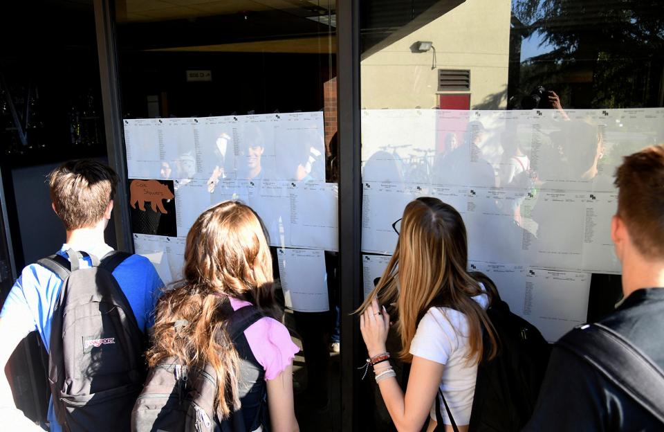 New students at Bear River High School in Grass Valley, Calif., gather to see their school schedules during the first morning of school in August. ACT test scores last fall revealed a decline in preparedness for college-level coursework.