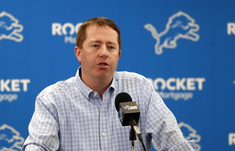 FILE - In this April 18, 2019, file photo, Detroit Lions general manager Bob Quinn addresses the media in his annual pre-draft news conference in Allen Park, Mich. The 2020 NFL Draft is April 23-25.(AP Photo/Carlos Osorio, File)