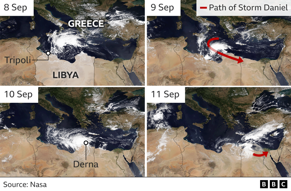 Satellite images showing progress of Storm Daniel as it swept across the coast of Libya.