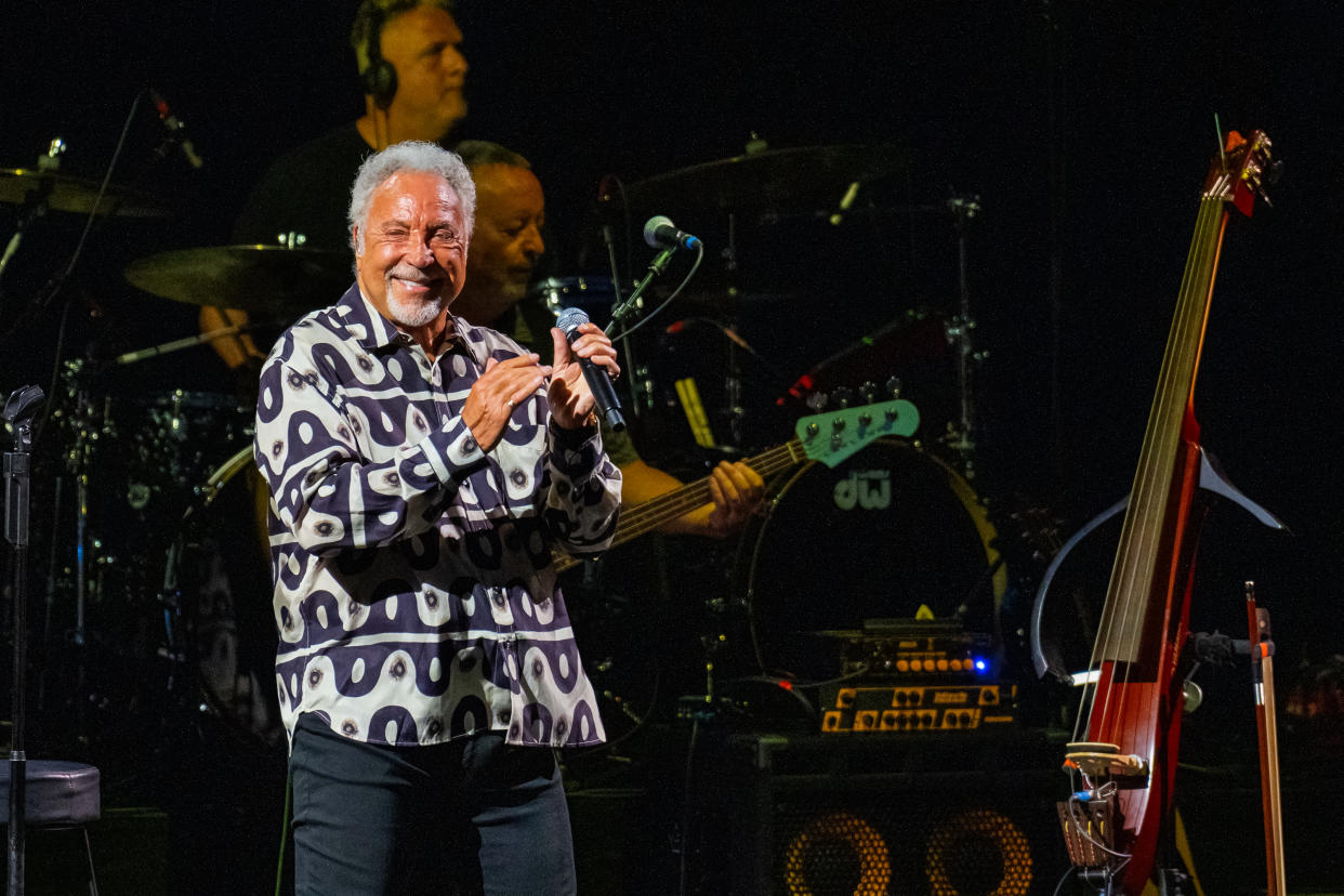 British singer Tom Jones performs on stage during Starlite Occident 2023 at Cantera de Nagüeles on July 10, 2023 in Malaga, Spain. (Photo by STARLITE/Redferns)