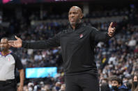 Portland Trail Blazers head coach Chauncey Billups argues for a call in the first half of an NBA basketball game against the Denver Nuggets Thursday, Jan. 13, 2022, in Denver. (AP Photo/David Zalubowski)